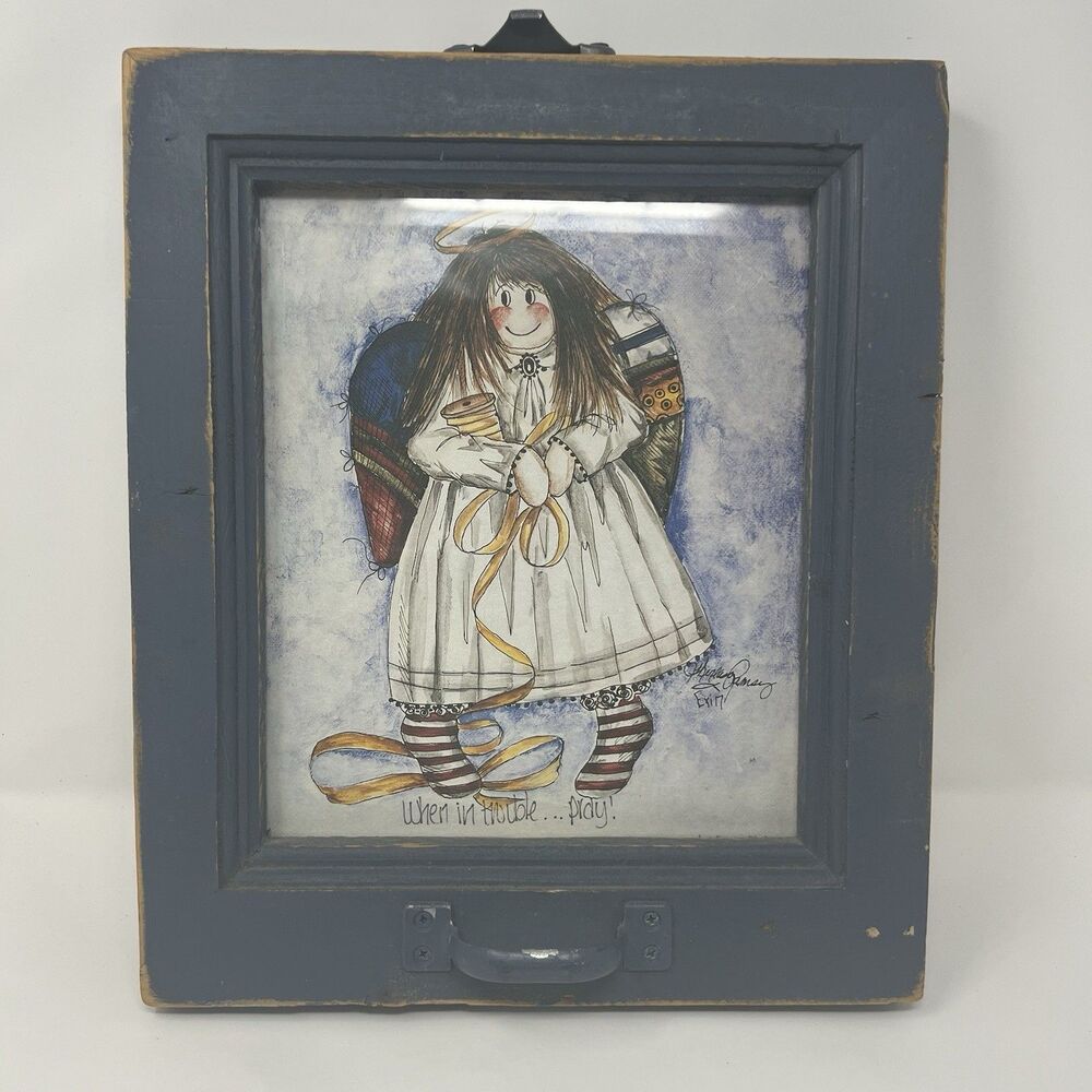 Vintage Window Art 1993 Theresa Ramsey Print Signed/ "When In Trouble... Pray"